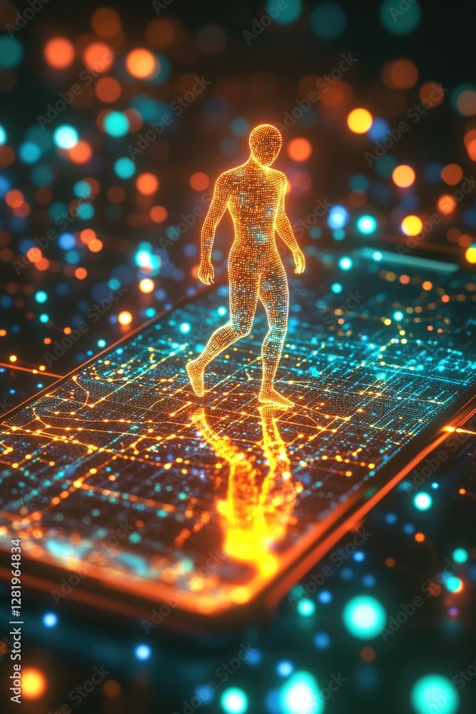 Poster 3d rendering of human figure walking in virtual environment. technology concept. digital artwork wit