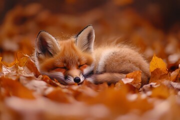 Fox sleeping peacefully among vibrant autumn leaves in a serene forest setting
