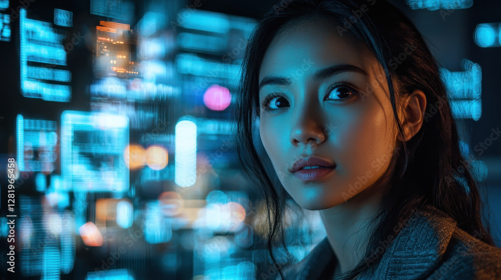 Poster woman explains deep tech concepts in a futuristic podcast studio with cyberpunk lighting and screens