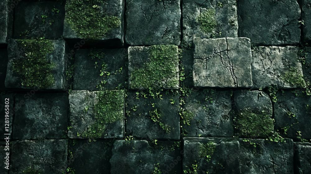 Poster weathered brick wall with moss texture for rustic design and architecture