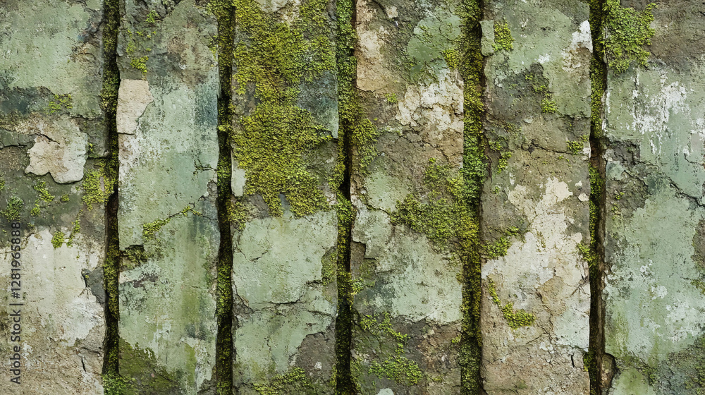 Poster weathered brick wall texture with moss for rustic design and background concepts