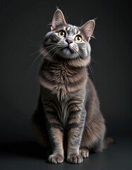 Adult gray cat breed Scottish Straight sits on a black background. Purebred pet looks up with interest. Adorable domestic animal posing, short hair, whiskers, mammal in studio.