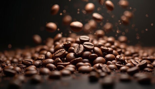 Roasted brown coffee beans close-up on dark background. Selective focus. Falling grains. Grains heap. Coffee shop concept. Mouth-watering, ideal for cafes. Enjoy aromatic brazilian drink.