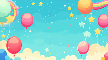 Fototapeta premium Banner with Playful Kids’ Design Featuring Bright Cartoon Illustrations of Balloons, Stars, and Rainbows on a Cheerful Sky-Blue Background copy space