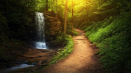 Obraz premium Glowing forest path leading to a hidden waterfall, vibrant and peaceful, refreshing and serene