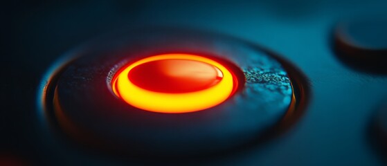 Naklejka premium Radiant red button on a console glows intensely, capturing focus and intrigue in a tech-driven setting.