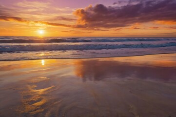 Fototapeta premium Sunset Over Calm Ocean Waves Reflected on Wet Sandy Beach