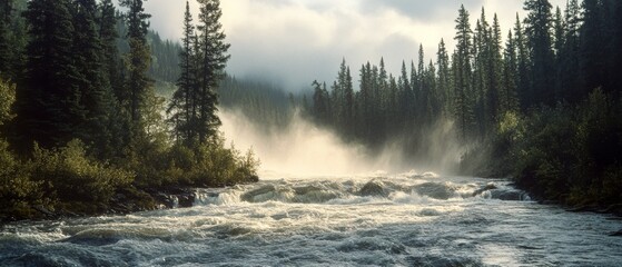 Mist rises ethereally from a rushing river encased by dense evergreen forest, creating a mystical scene in the delicate morning light.