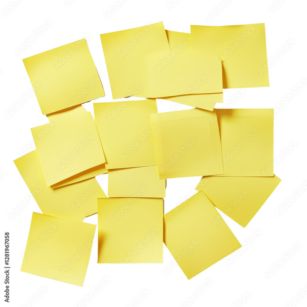 Poster a collection of yellow sticky notes scattered on a transparent background showcasing blank surfaces 