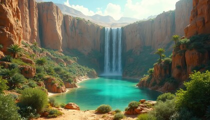 Desert landscape with oasis inside massive crater. Green plants, plants, palm trees, waterfalls create contrast. Natural wonder, stunning scenic view, untouched natural beauty, water source,