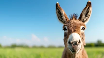 Fotobehang Dierenarts The inquisitive donkey gazes into the lens, its expressive eyes and soft features create a captivating connection that draws viewers in against a blue sky backdrop.  © Lazar