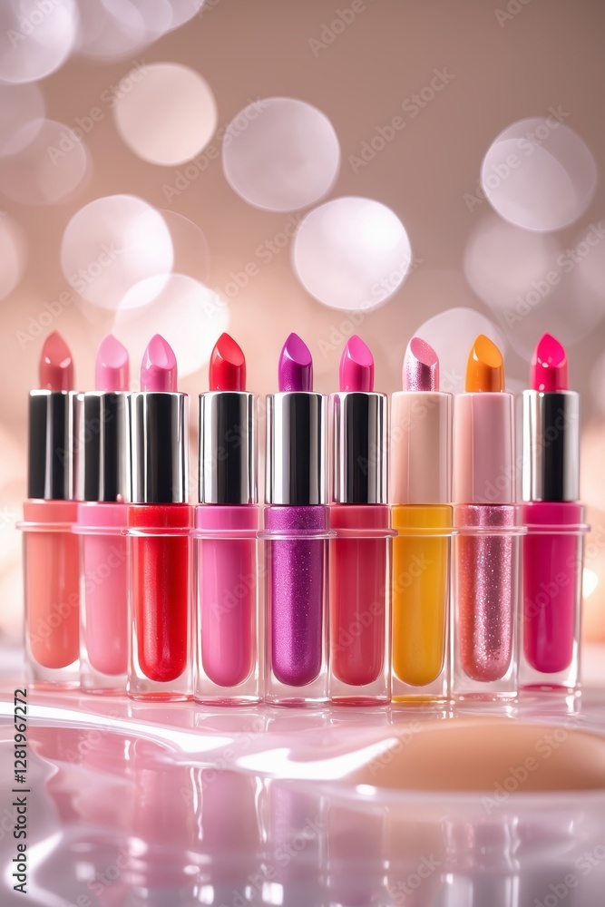 Poster vibrant array of lipsticks displayed elegantly against a sparkling backdrop in a beauty setting