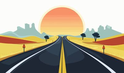 Infinity Road Horizon with Sunrise Minimalist Vacation Vector Banner