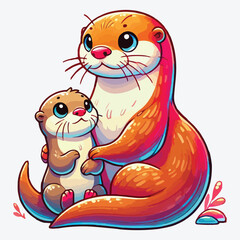 Funny mom otter. Mother and baby otters cartoon characters. Maternity in wildlife.