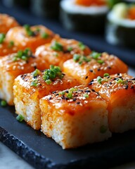 Spicy salmon sushi platter, restaurant