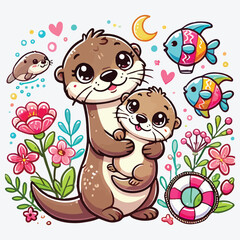 Funny mom otter. Mother and baby otters cartoon characters. Maternity in wildlife.