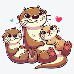 Funny mom otter. Mother and baby otters cartoon characters. Maternity in wildlife.