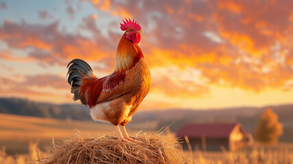 Majestic rooster standing on hay at sunset in farm setting