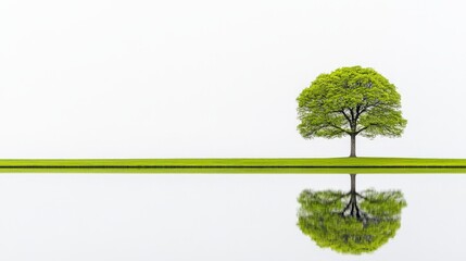 Lush Green Tree Reflecting on Calm Water Surface in a Serene Setting
