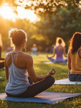 Women practicing meditation in a serene park setting during sunset yoga class