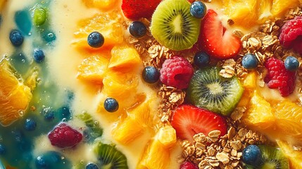 Glowing smoothie bowl with vibrant fruits and granola, healthy and delicious, sleek and dynamic