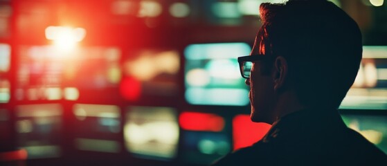 In a vibrant control room, a focused operator observes an array of glowing screens, immersed in the hum of digital activity.