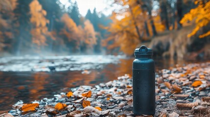 Obraz premium Black Water Bottle Near Calm River Surrounded by Autumn Leaves