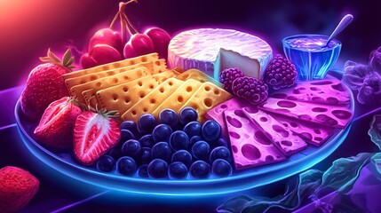 Glowing vibrant cheese platter with crackers and fruit, appetizing and bold, sleek and dynamic