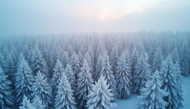 Drone view of snow covered evergreen trees in Lithuania after winter blizzard. White forest, blue sky, beauty in nature. Scenic aerial of frost covered firs, spruces in wilderness.