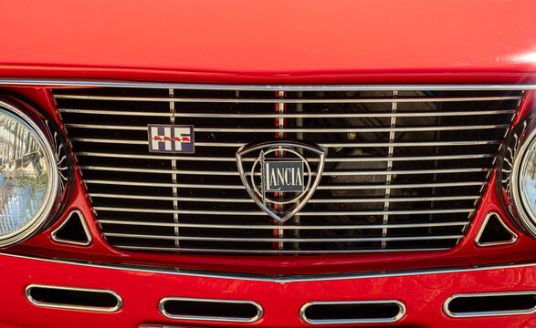 Caramulo, Portugal - 04 September 2021: Front view of a red Lancia Fulvia HF