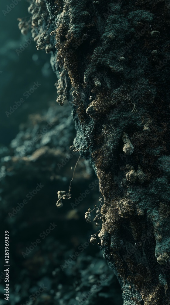 Poster amidst a tranquil forest, lush moss clings to the rugged texture of a trunk, displaying shades of gr