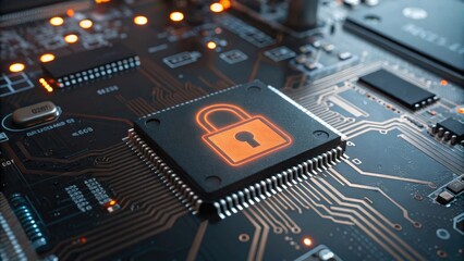 Fototapeta premium Cybersecurity Concept with Golden Padlock on Motherboard