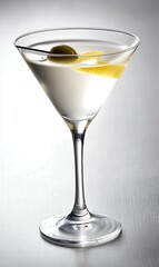 Classic martini served in an elegant glass, featuring a lemon twist and olive on a muted silver backdrop