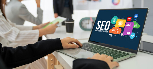 SEO search engine optimization for modish e-commerce and online retail business showing on computer...
