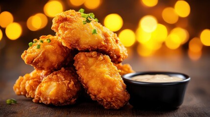 This mouthwatering image captures golden fried chicken wings garnished with herbs and served with creamy dipping sauces, showcasing indulgent snack recipes.