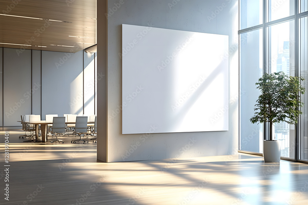 Poster modern boardroom interior with large blank canvas for signage or presentation display on wall, natur