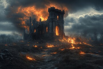 Fototapeta premium Desolate castle engulfed in flames under a stormy sky during a cataclysmic event at twilight