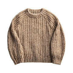 Thick Wool Sweater with Brown and White Ribbed Knit Pattern Isolated on Transparent Background