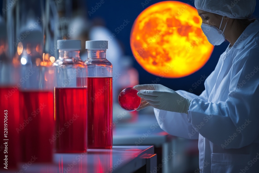 Aufkleber scientist in laboratory examines glowing red liquid with a celestial body in the background during a