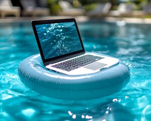 Laptop floats poolside, vacation work