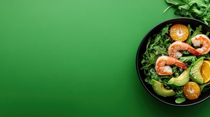 A vibrant shrimp salad featuring fresh greens, avocado, and citrus fruits, providing a refreshing and healthy meal option full of flavor and nutrition.