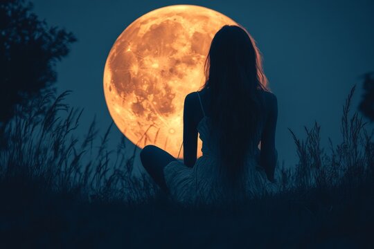 Woman gazing at a full moon in a tranquil outdoor setting during the night