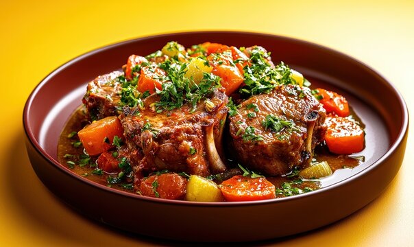 Savor authentic osso buco, a Milanese dish of tender veal shanks slow-cooked in savory broth with vibrant vegetables