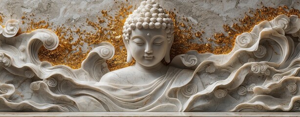 Serene Buddha Marble Carving with Golden Accents