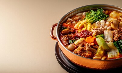 Delicious hotpot filled with fresh ingredients served in a copper pot against a warm beige background