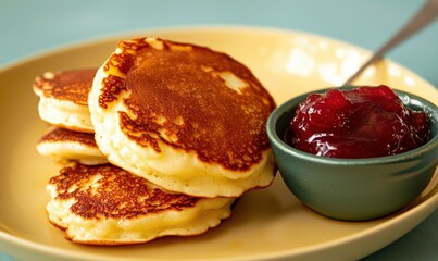 Delicious syrniki served with jam on a light yellow plate against a muted blue background for a delightful breakfast experience