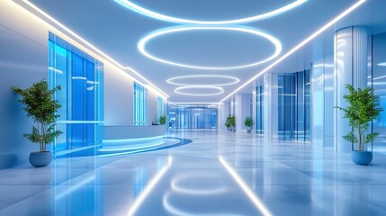 Fototapeta premium Modern bank lobby with glowing glass walls and sleek architecture, futuristic and luxurious