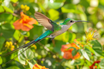 Fototapeta premium A stunning Long-tailed Sylph hummingbird (Aglaiocercus kingi) in mid-flight, captured with its iridescent green and blue feathers shimmering in soft sunlight