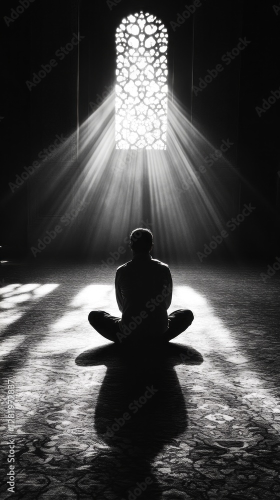Poster Soft rays cascade through an intricately designed window, casting ethereal light on a figure seated in meditation. The tranquil atmosphere envelops the spiritual seeker in deep contemplation.