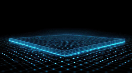 Banner with Sleek Technology Design Featuring Futuristic Circuit Patterns, Glowing Blue Lines, and a Digital Grid on a Black Background
